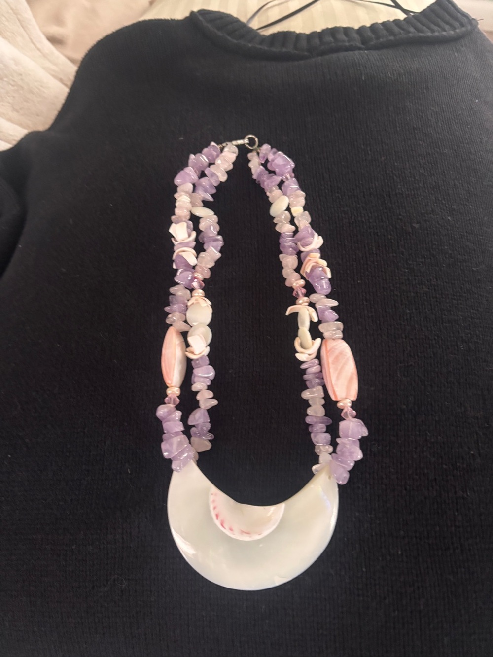 Lavender Chip and Mother-of-Pearl Crescent Necklace - Women Jewelry